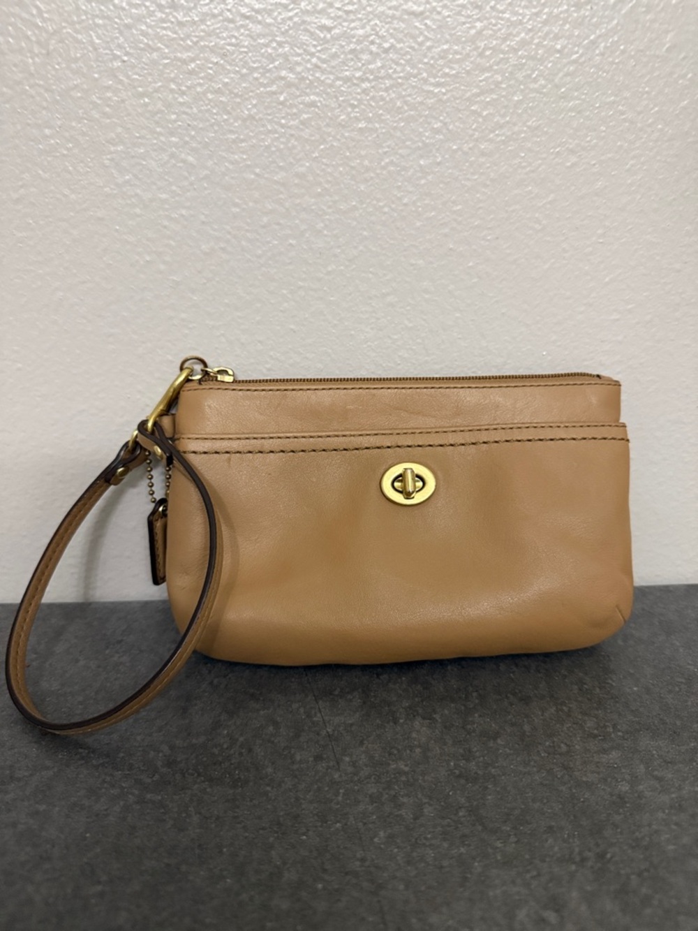 Coach Tan Leather Turnlock Wristlet with Gold Hardware